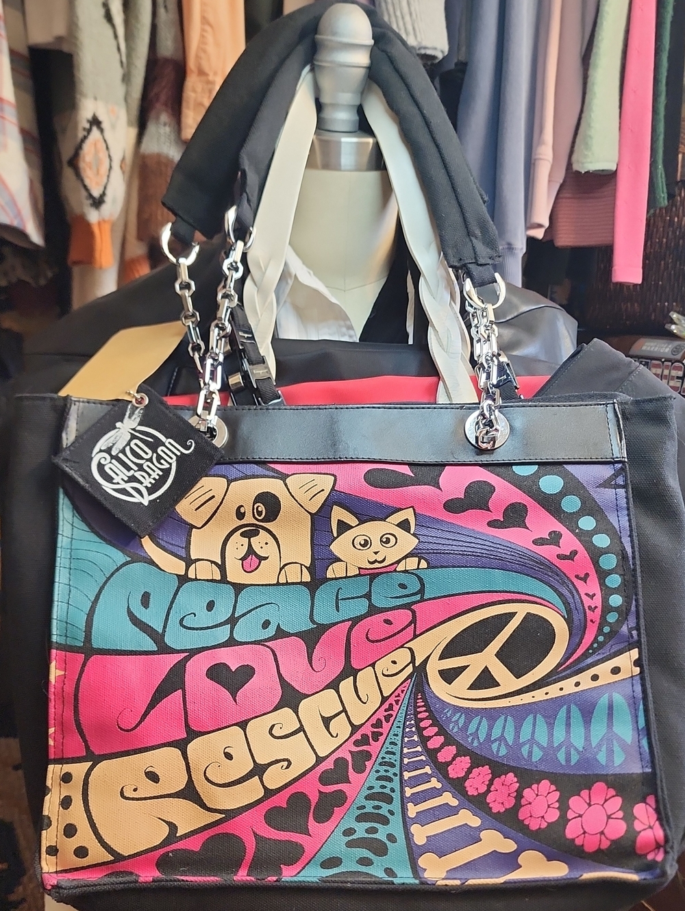 Calico Dragon Peace Love Rescue Tote
